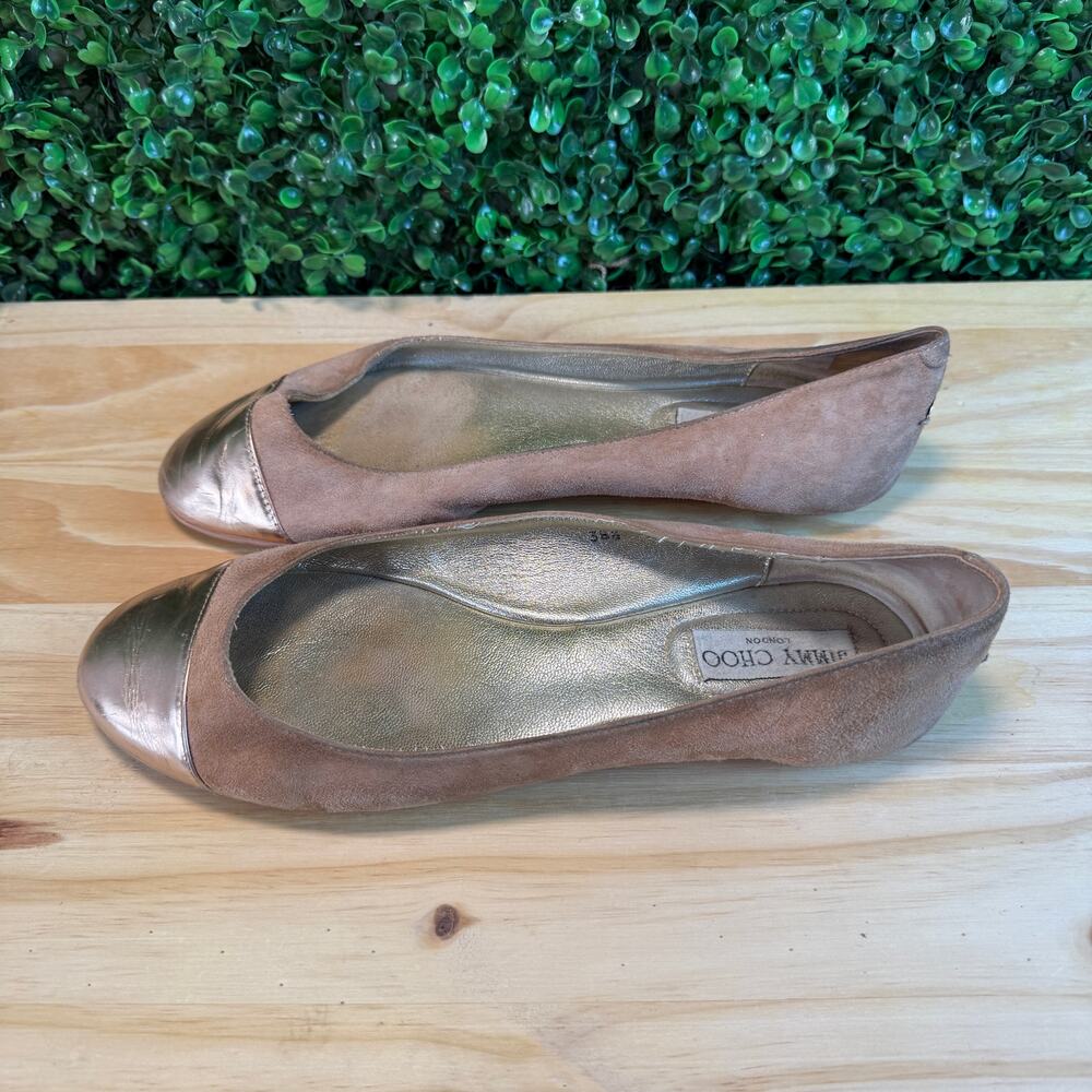 Jimmy Choo London Flats Tan Rose Gold Tip Sz EU 38 1/5 US 8.5